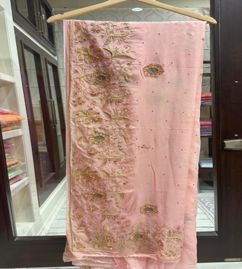Peach Floral Salma Jardoji Work Saree with Heavy Border