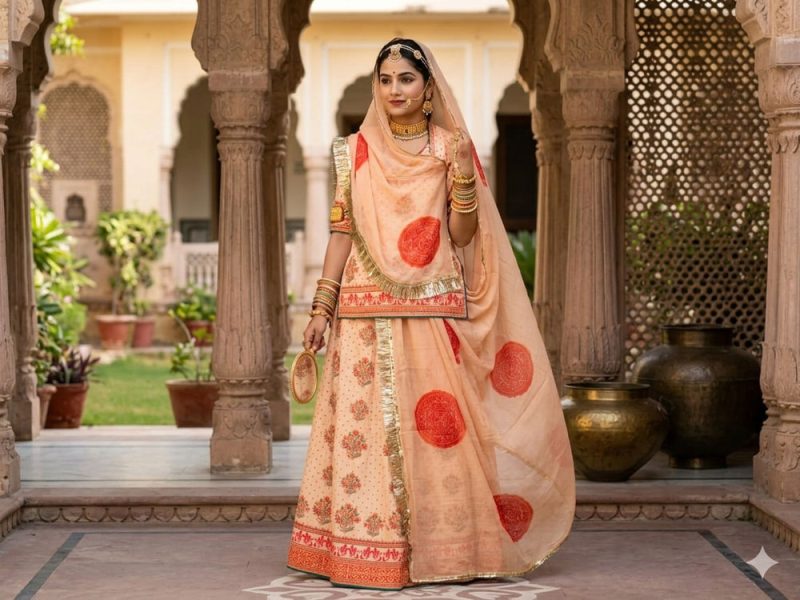 Elegant Peach Rajputi Poshak – Unstitched Crepe Suit with Red Motif Odhna